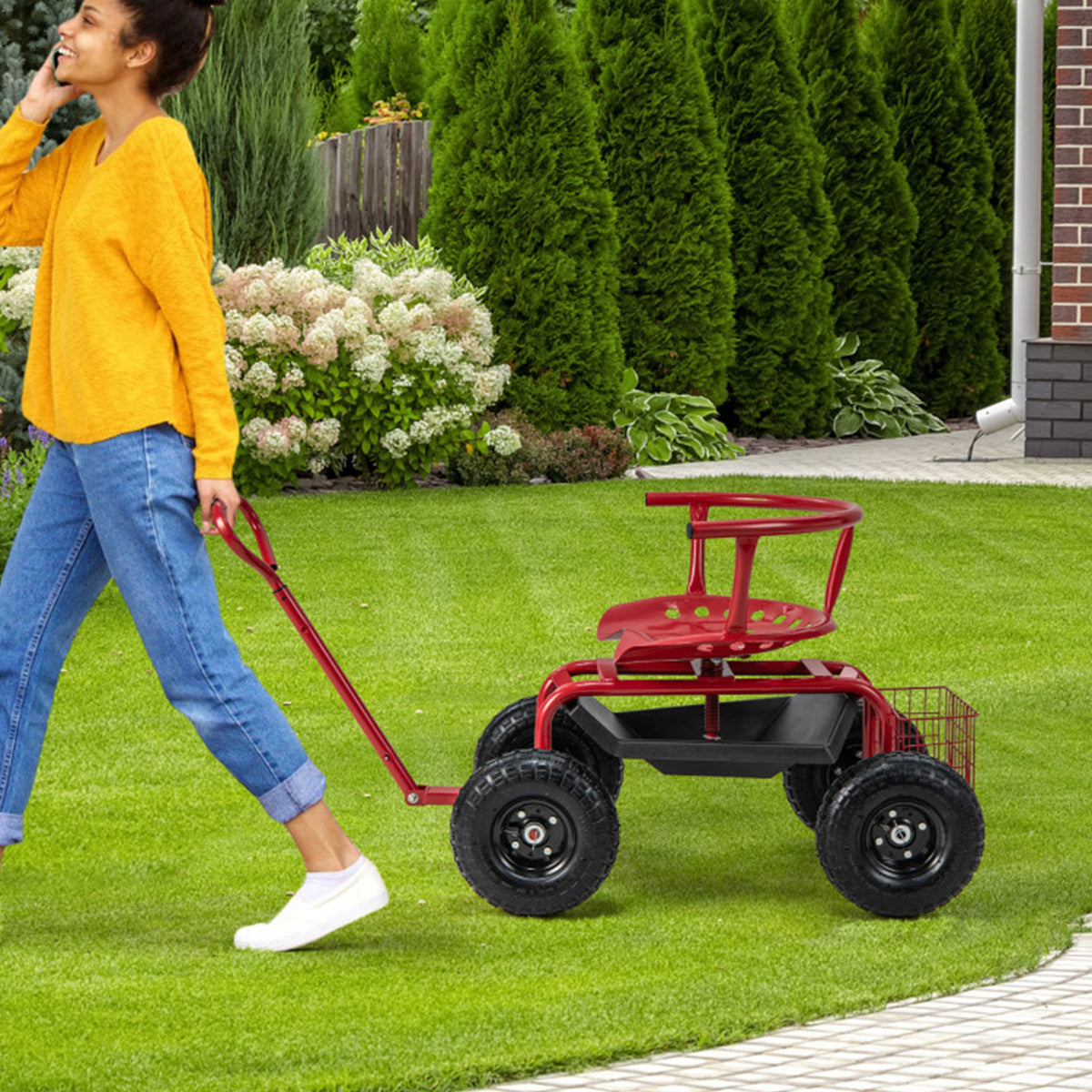 Cushioned Rolling Garden Cart with Swivel Seat