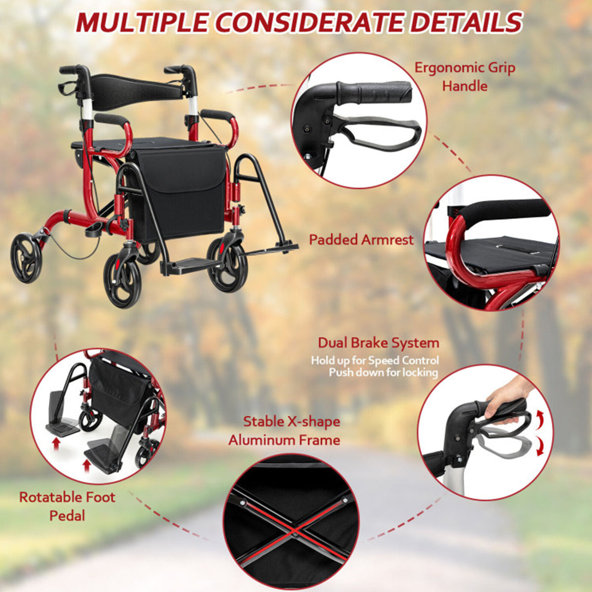 2-in-1 Folding Rollator Walker Transport Wheelchair
