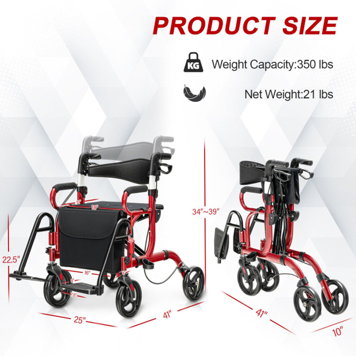 2-in-1 Folding Rollator Walker Transport Wheelchair