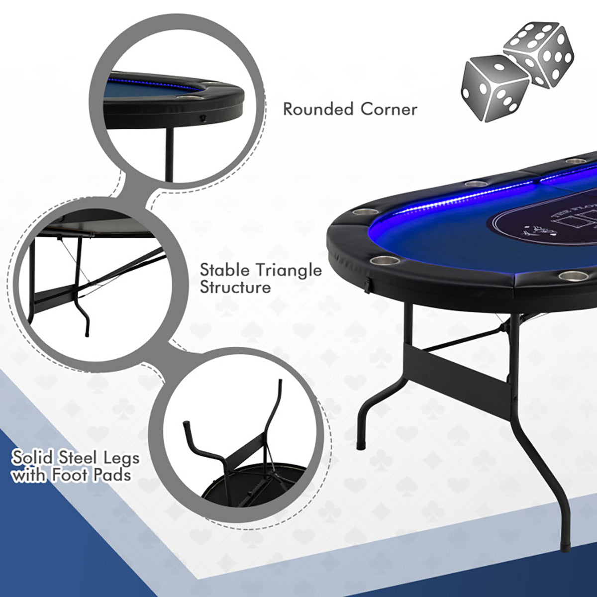 10-Player Foldable Poker Table with LED Lights