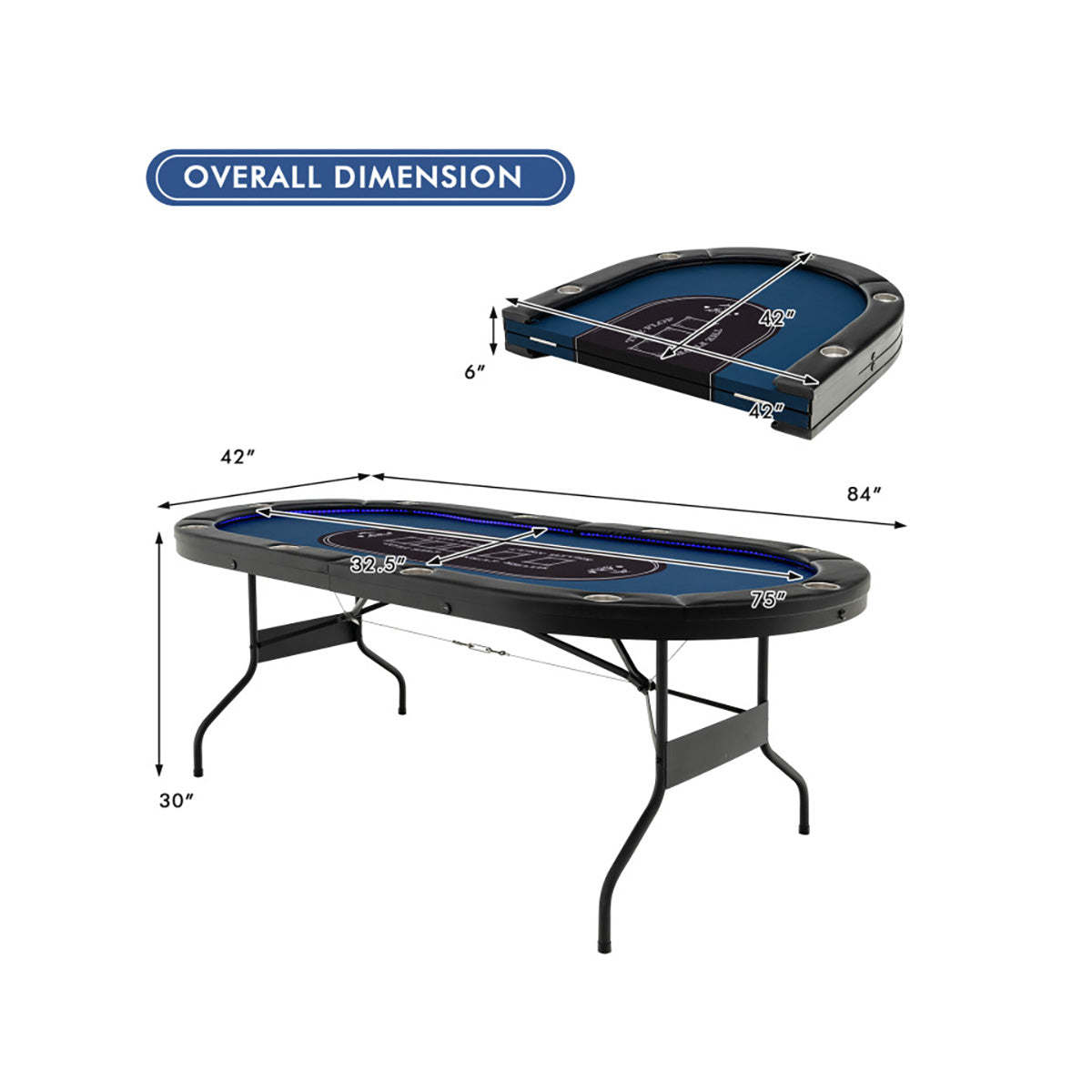 10-Player Foldable Poker Table with LED Lights