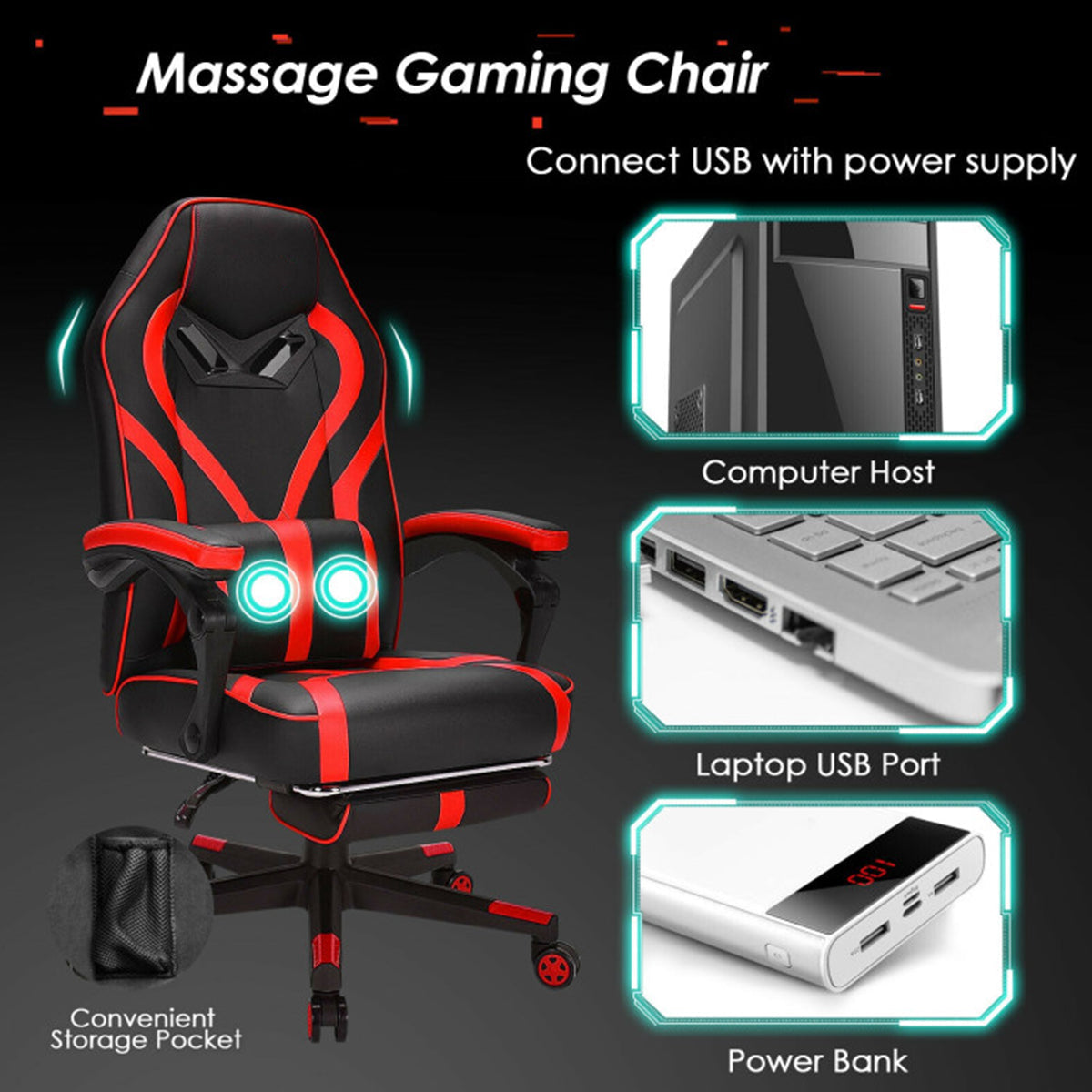 Racing Style Gaming Chair with Massaging Lumbar Support