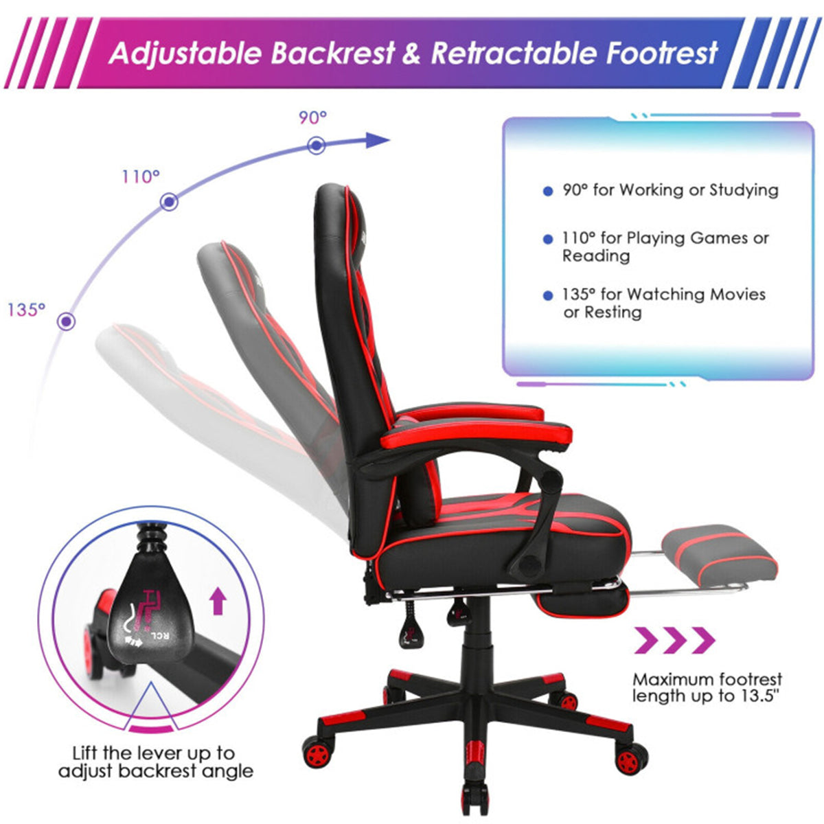 Racing Style Gaming Chair with Massaging Lumbar Support