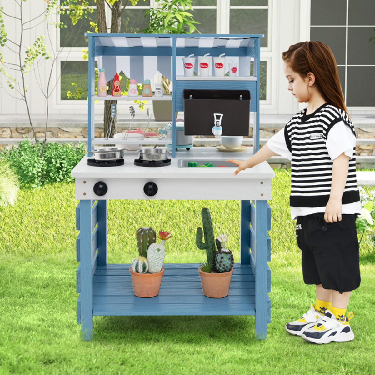 Double-Sided Wooden Play Kitchen and Grocery Stand