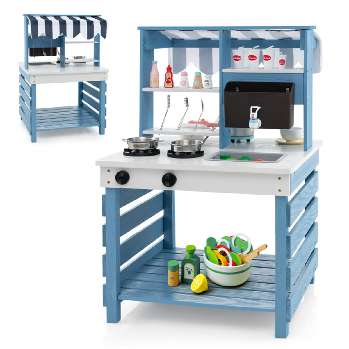 Double-Sided Wooden Play Kitchen and Grocery Stand