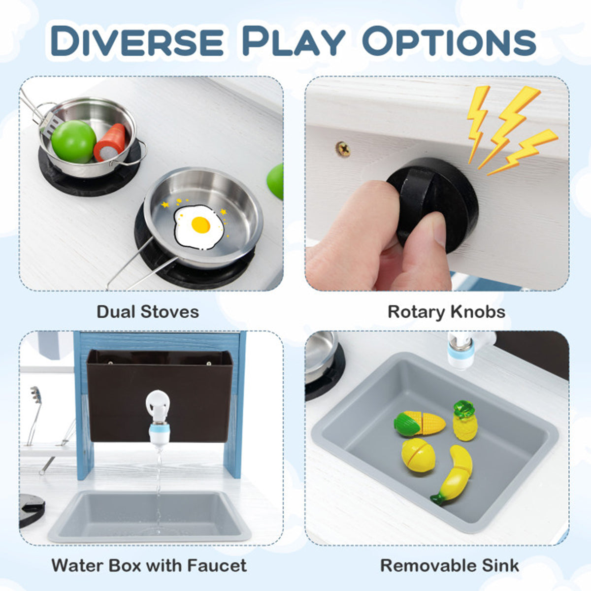 Double-Sided Wooden Play Kitchen and Grocery Stand
