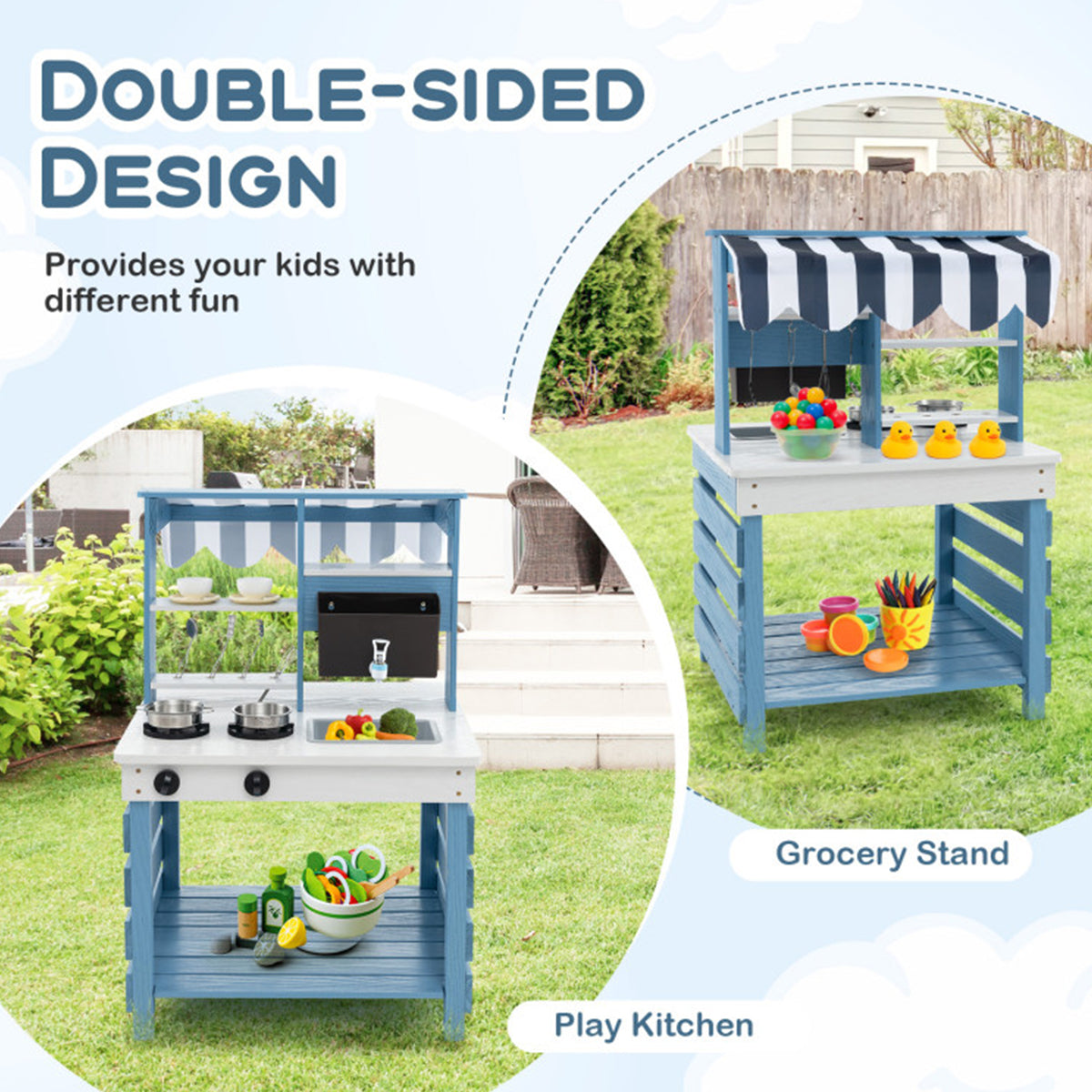 Double-Sided Wooden Play Kitchen and Grocery Stand
