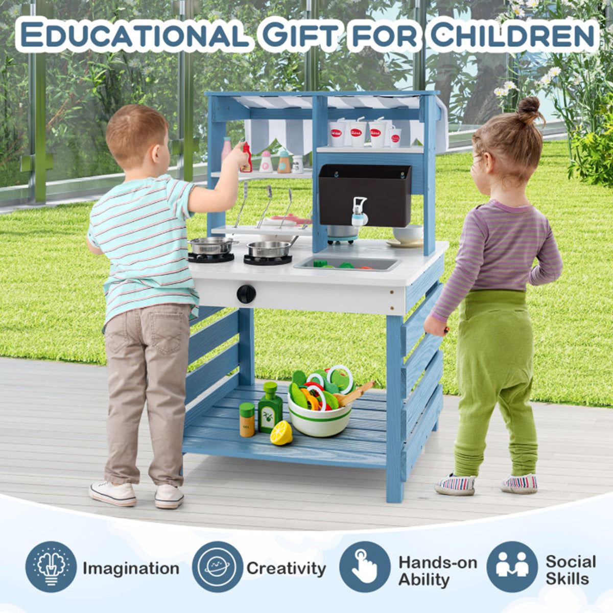Double-Sided Wooden Play Kitchen and Grocery Stand