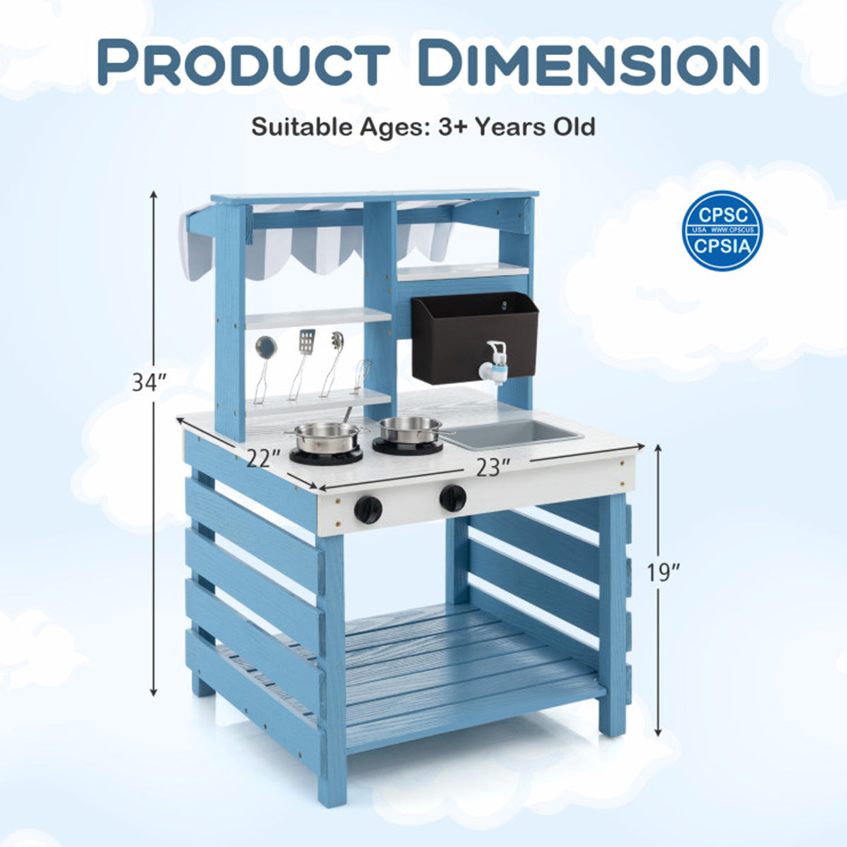 Double-Sided Wooden Play Kitchen and Grocery Stand