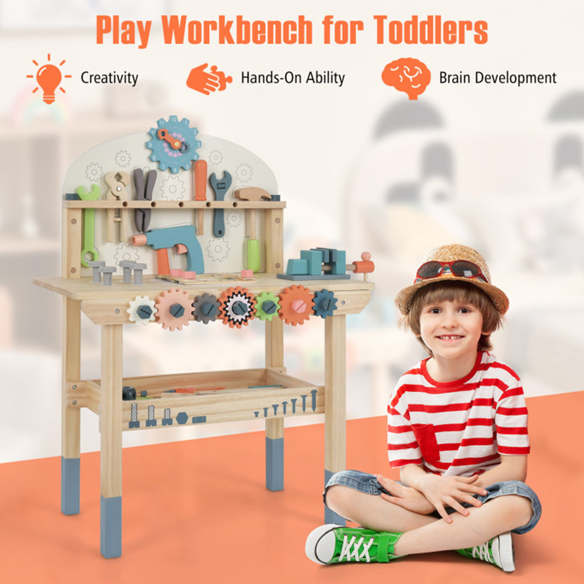 Wooden Pretend Play Workbench with Tools