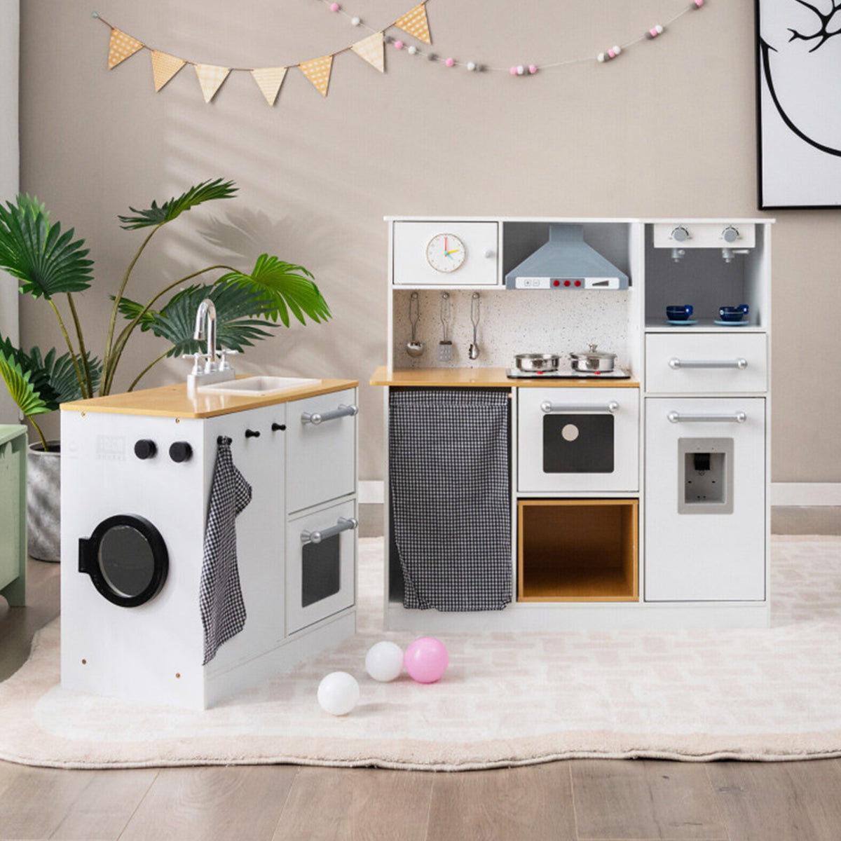 Kids 2-Piece Wooden Pretend Play Kitchen with Sound