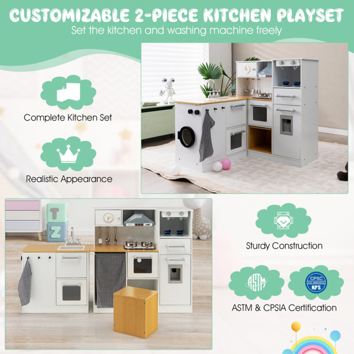 Kids 2-Piece Wooden Pretend Play Kitchen with Sound