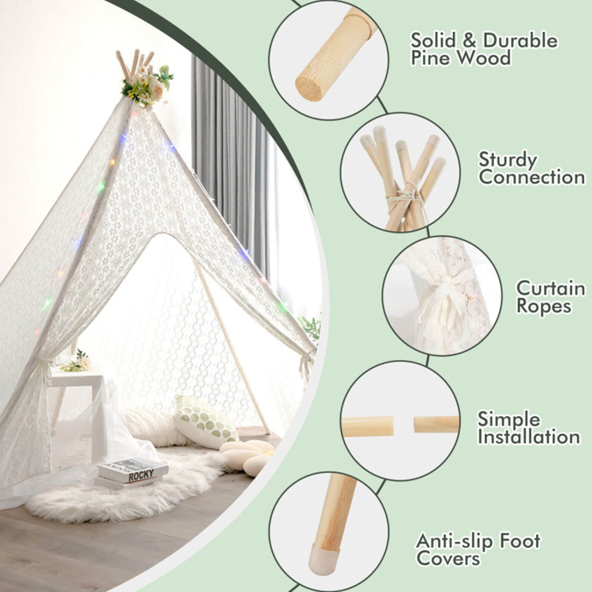 Kids Lace Teepee Play Tent with Colorful String Lights