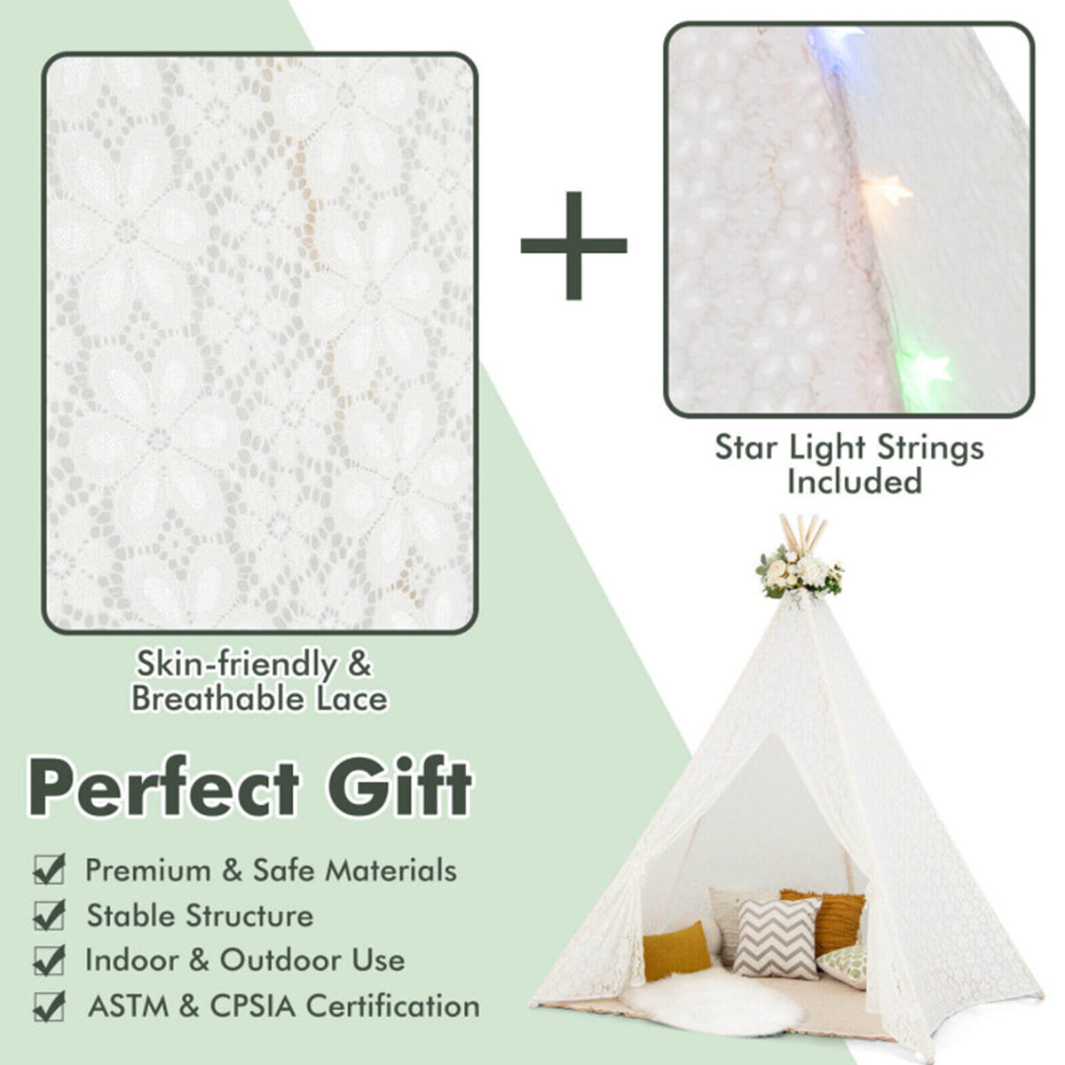 Kids Lace Teepee Play Tent with Colorful String Lights
