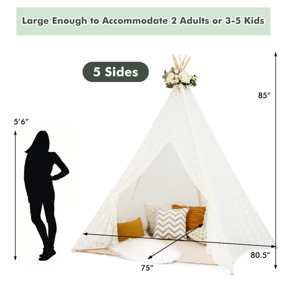 Kids Lace Teepee Play Tent with Colorful String Lights
