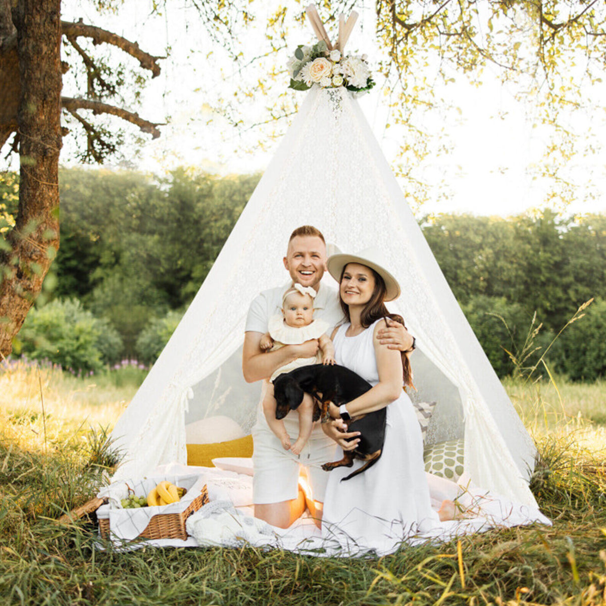 Kids Lace Teepee Play Tent with Colorful String Lights