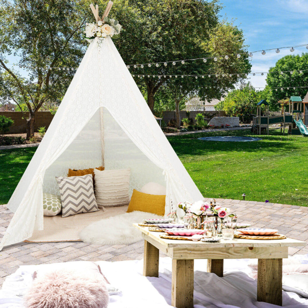 Kids Lace Teepee Play Tent with Colorful String Lights