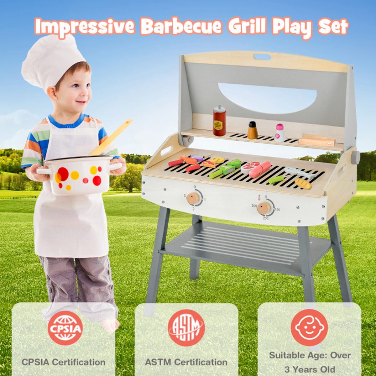 Kids Wooden Barbecue Grill Playset
