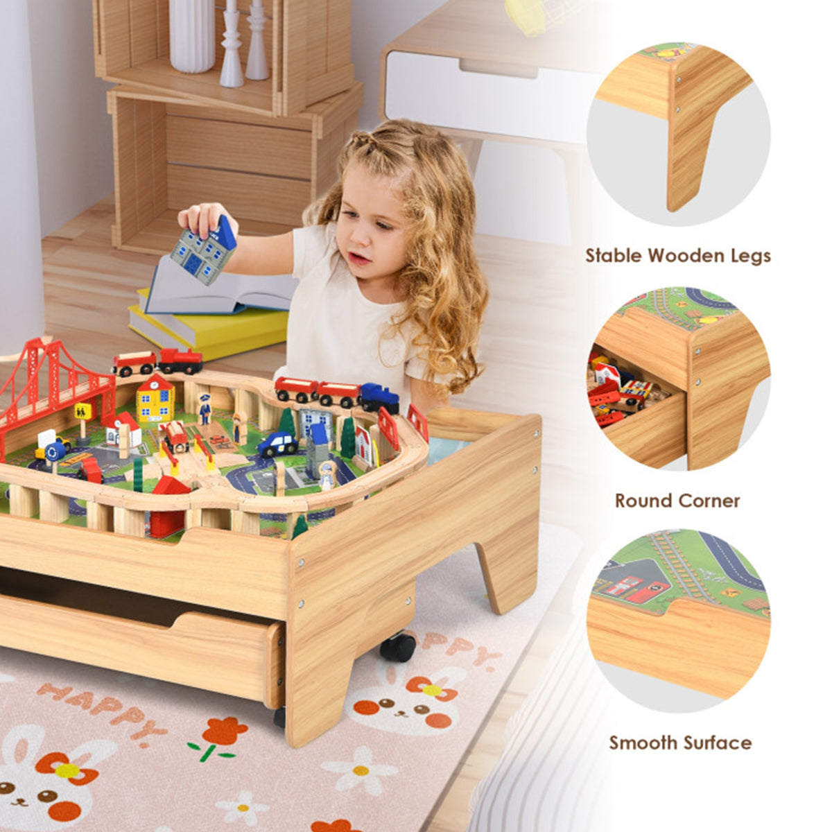 Kids Wooden 100-Piece Railway Set Table