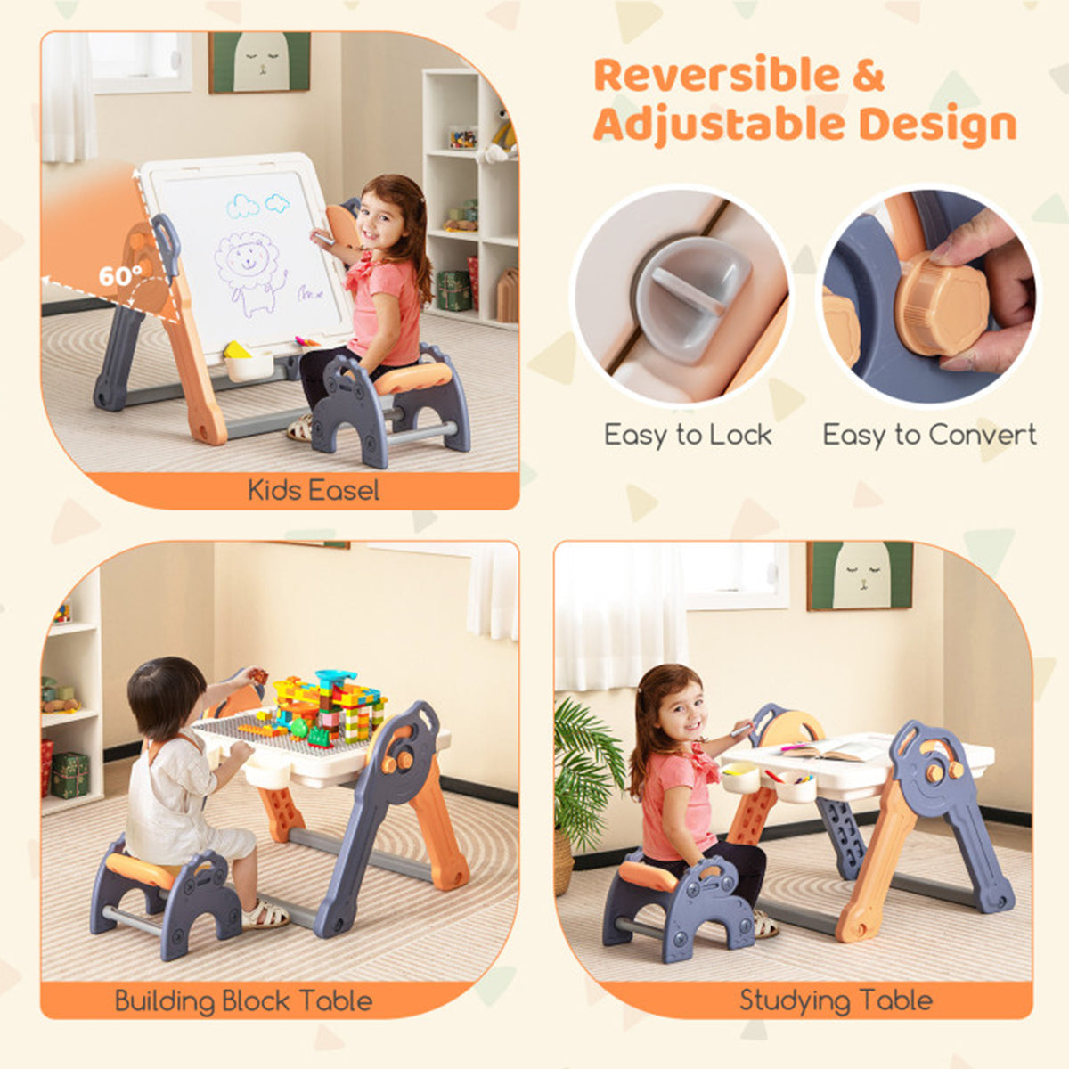 6-in-1 Folding Kids Art Easel with Building Block Tabletop