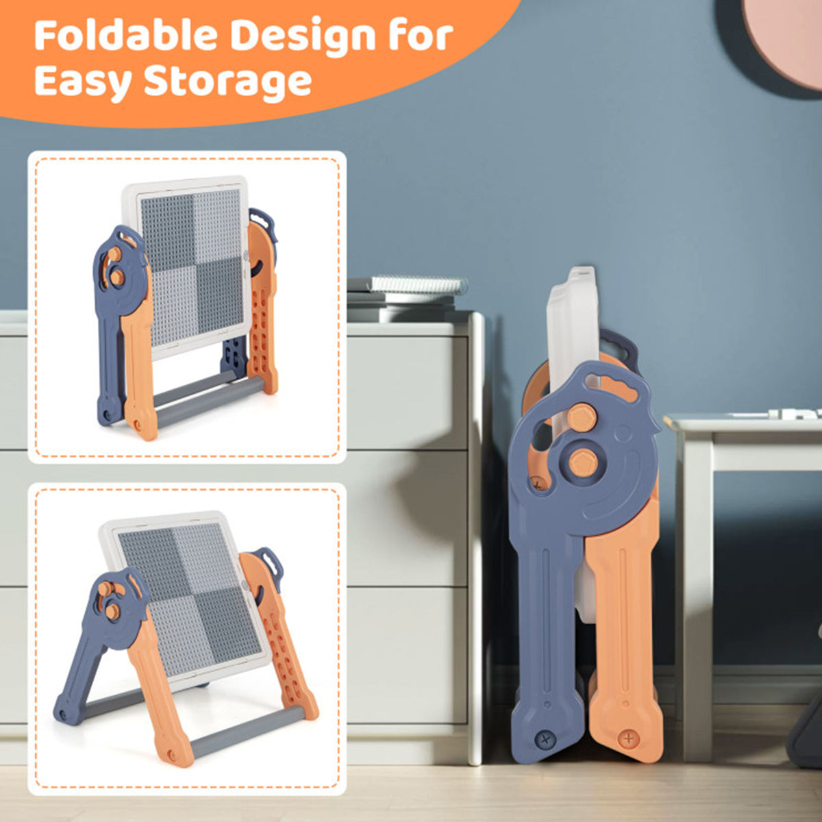 6-in-1 Folding Kids Art Easel with Building Block Tabletop