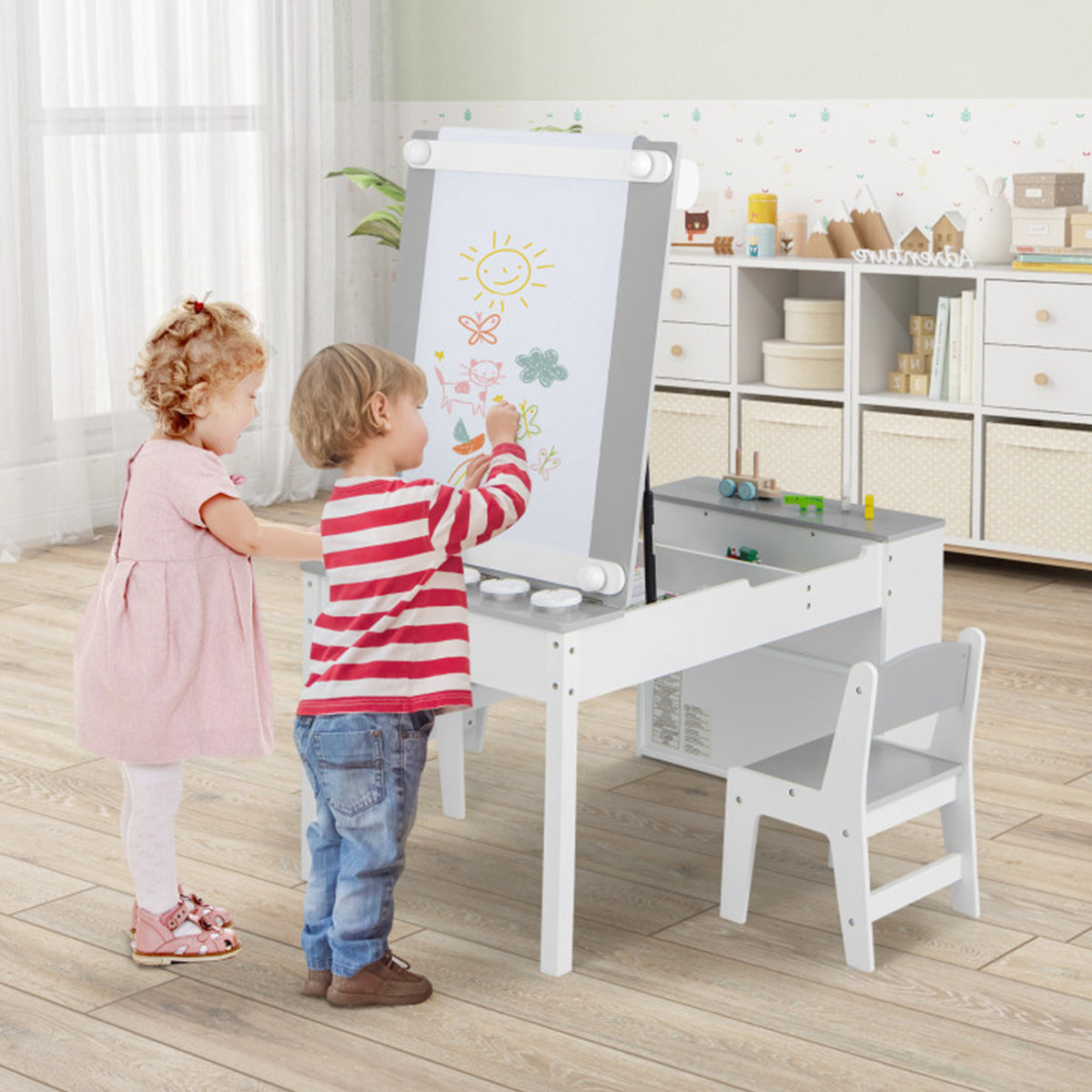 2-in-1 Kids Art Table and Easel Set with Chairs