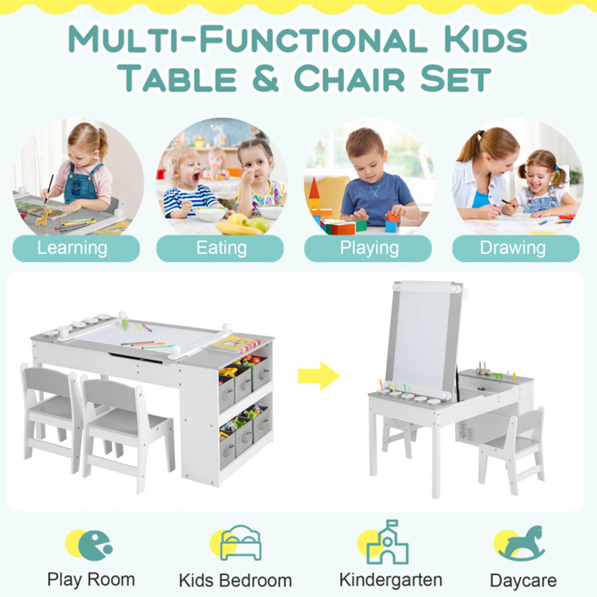 2-in-1 Kids Art Table and Easel Set with Chairs