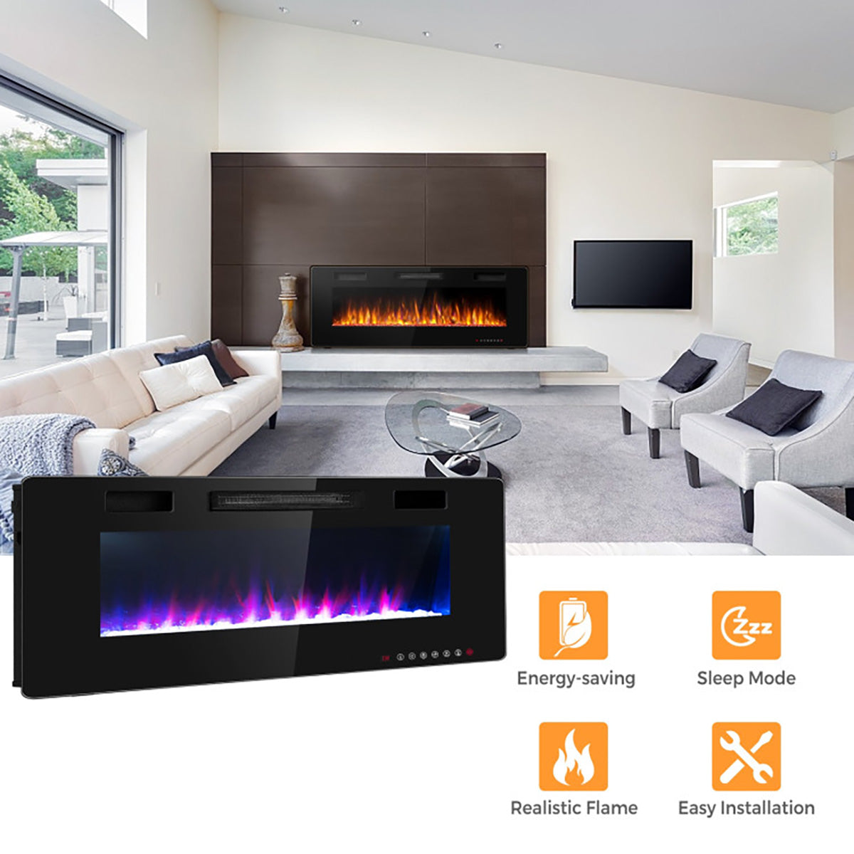 60'' Ultra-Thin Recessed/Wall-Mounted Electric Fireplace