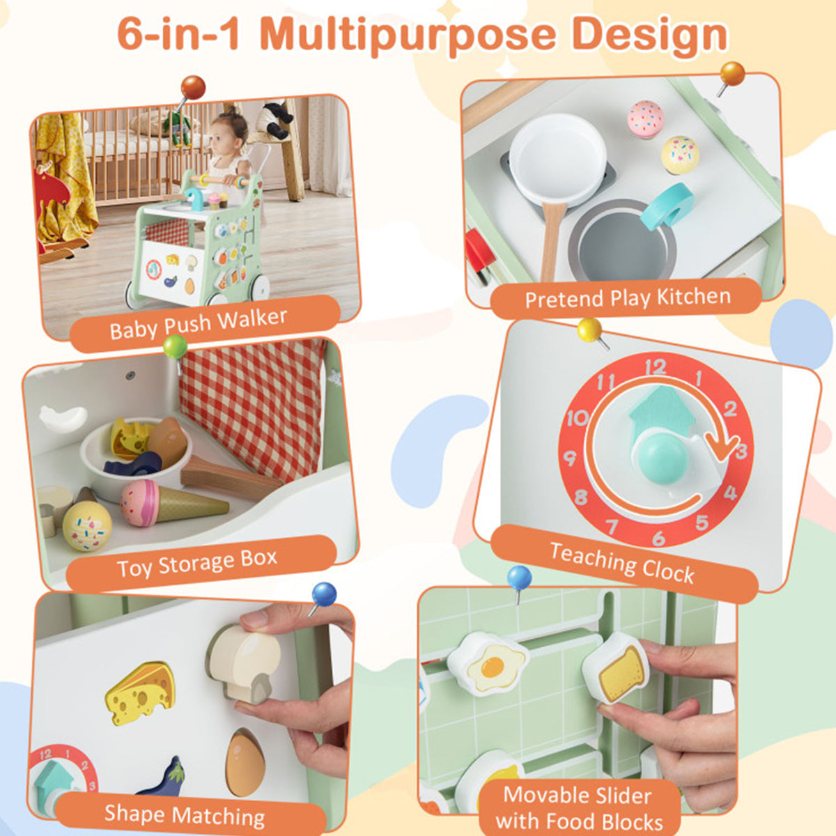 6-in-1 Wooden Push Walker Play Kitchen