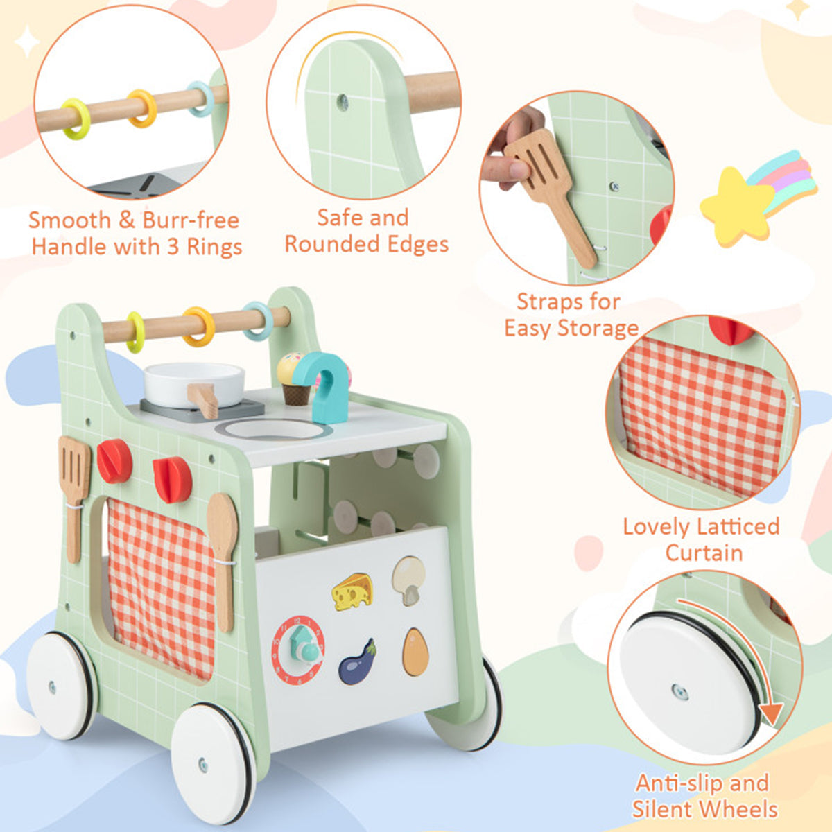 6-in-1 Wooden Push Walker Play Kitchen