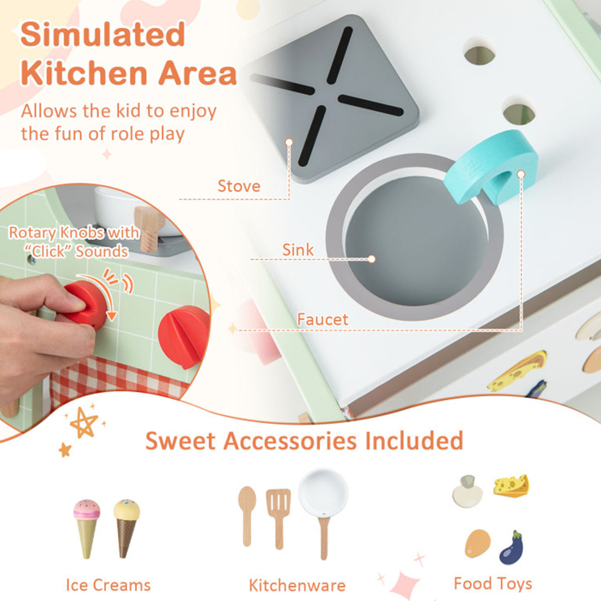 6-in-1 Wooden Push Walker Play Kitchen