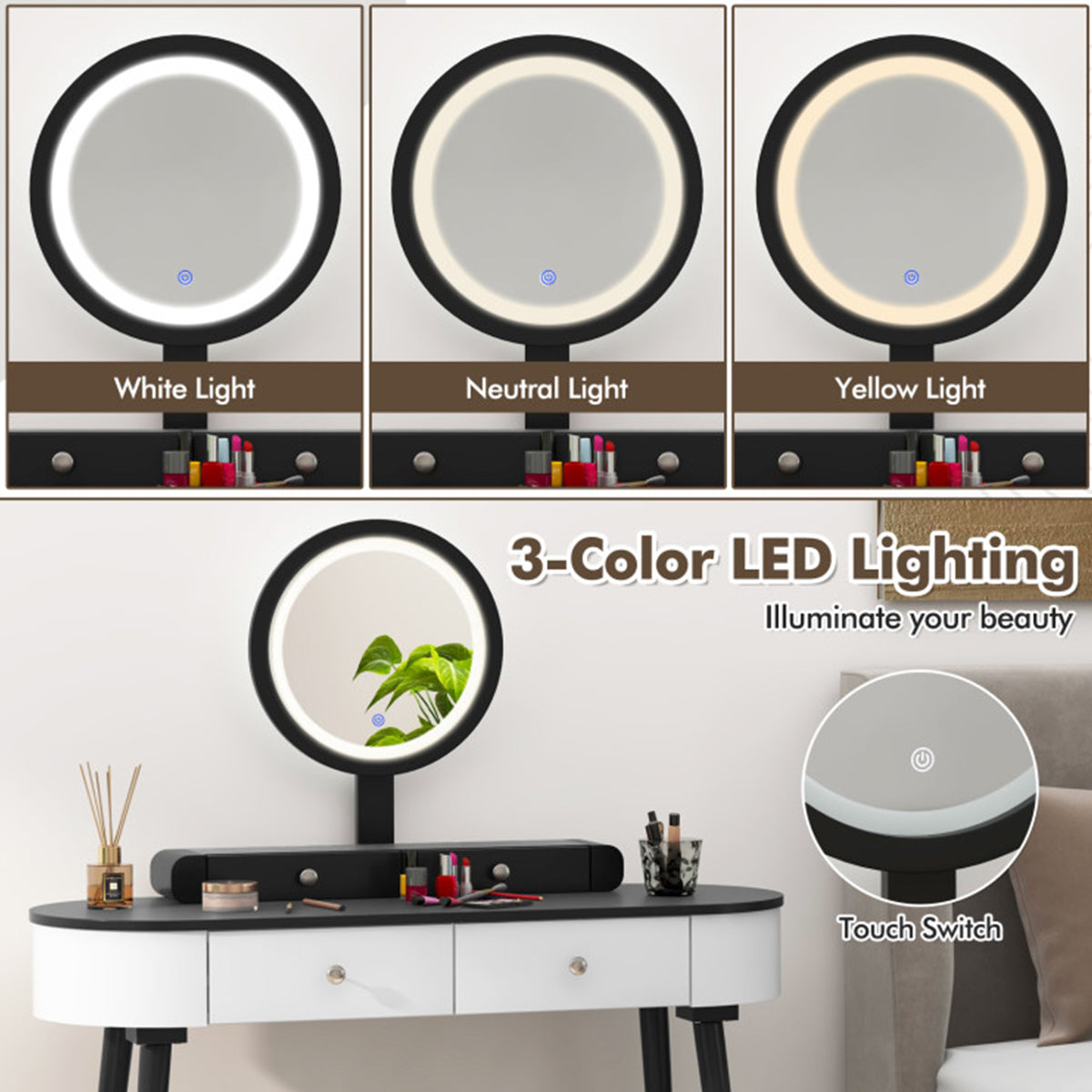Makeup Vanity Table Set with Stool and LED Mirror