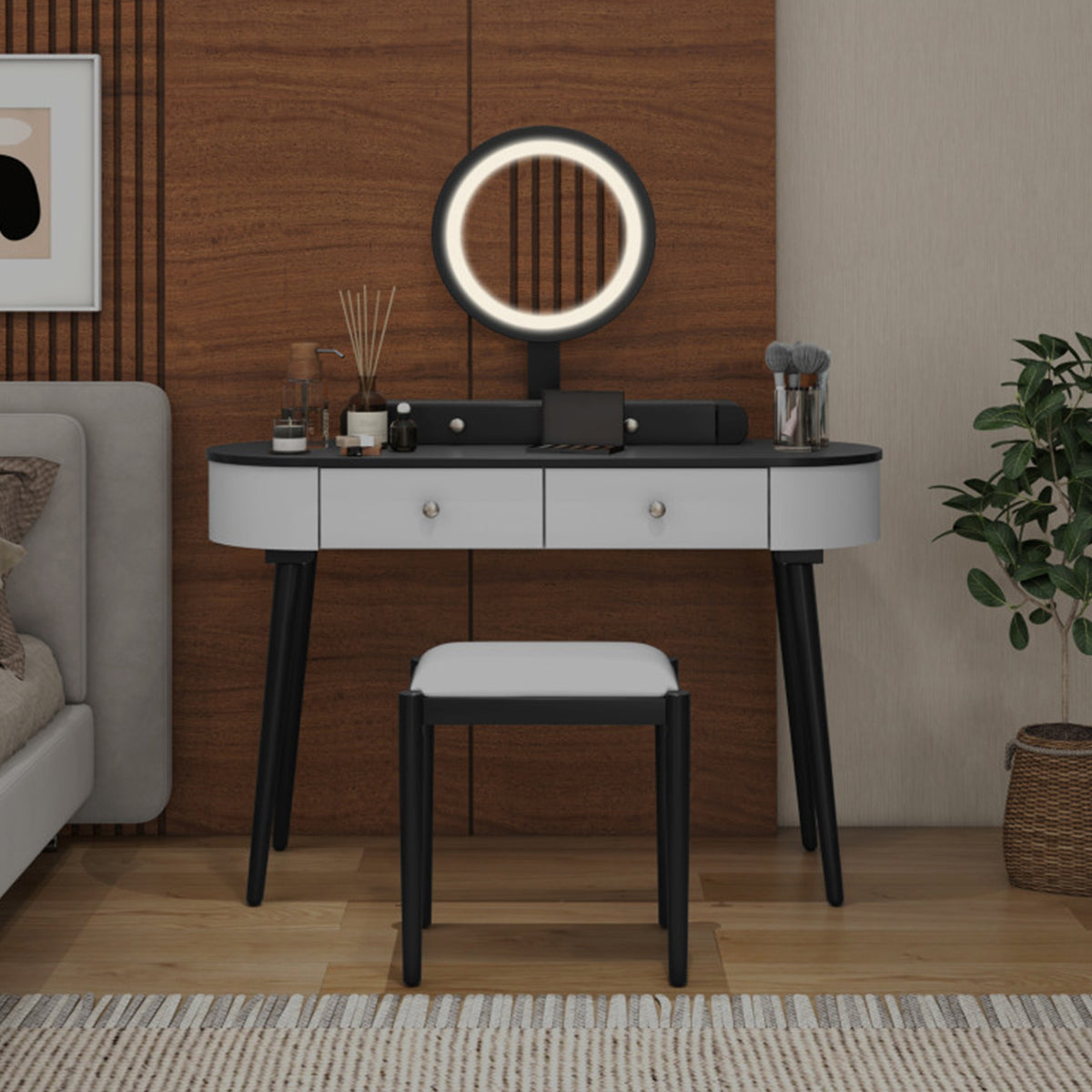 Makeup Vanity Table Set with Stool and LED Mirror