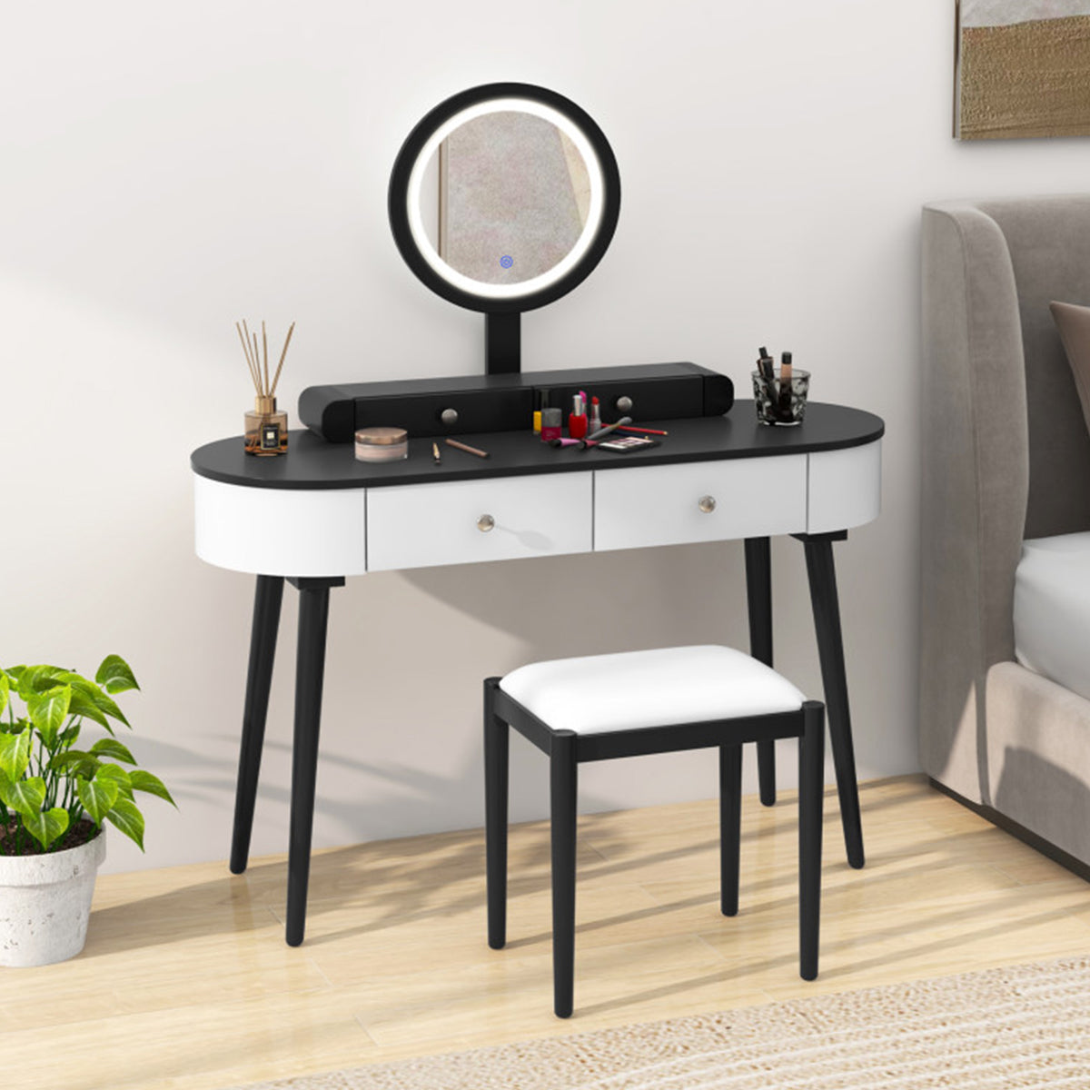 Makeup Vanity Table Set with Stool and LED Mirror