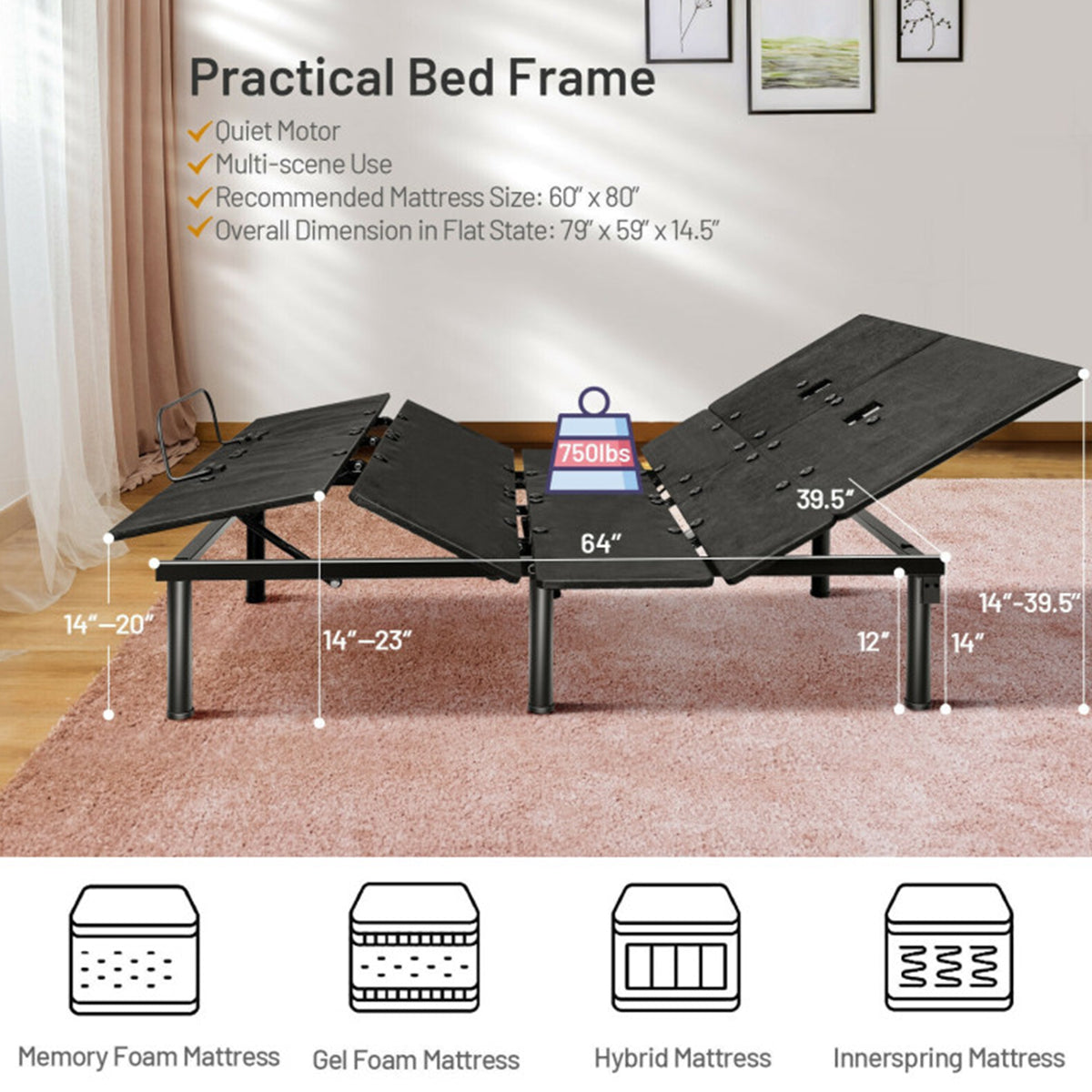 Adjustable Bed Base Frame with Head and Foot Incline