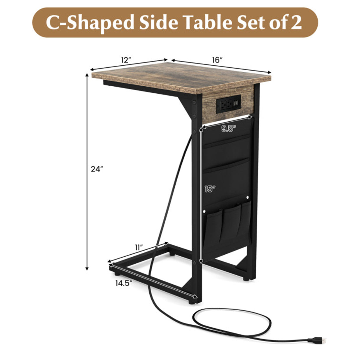 C-Shaped End Tables with Charging Station (Set of 2)