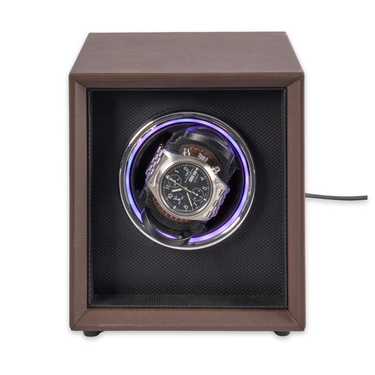 Single Brown Leather Watch Winder with Color Changing Light