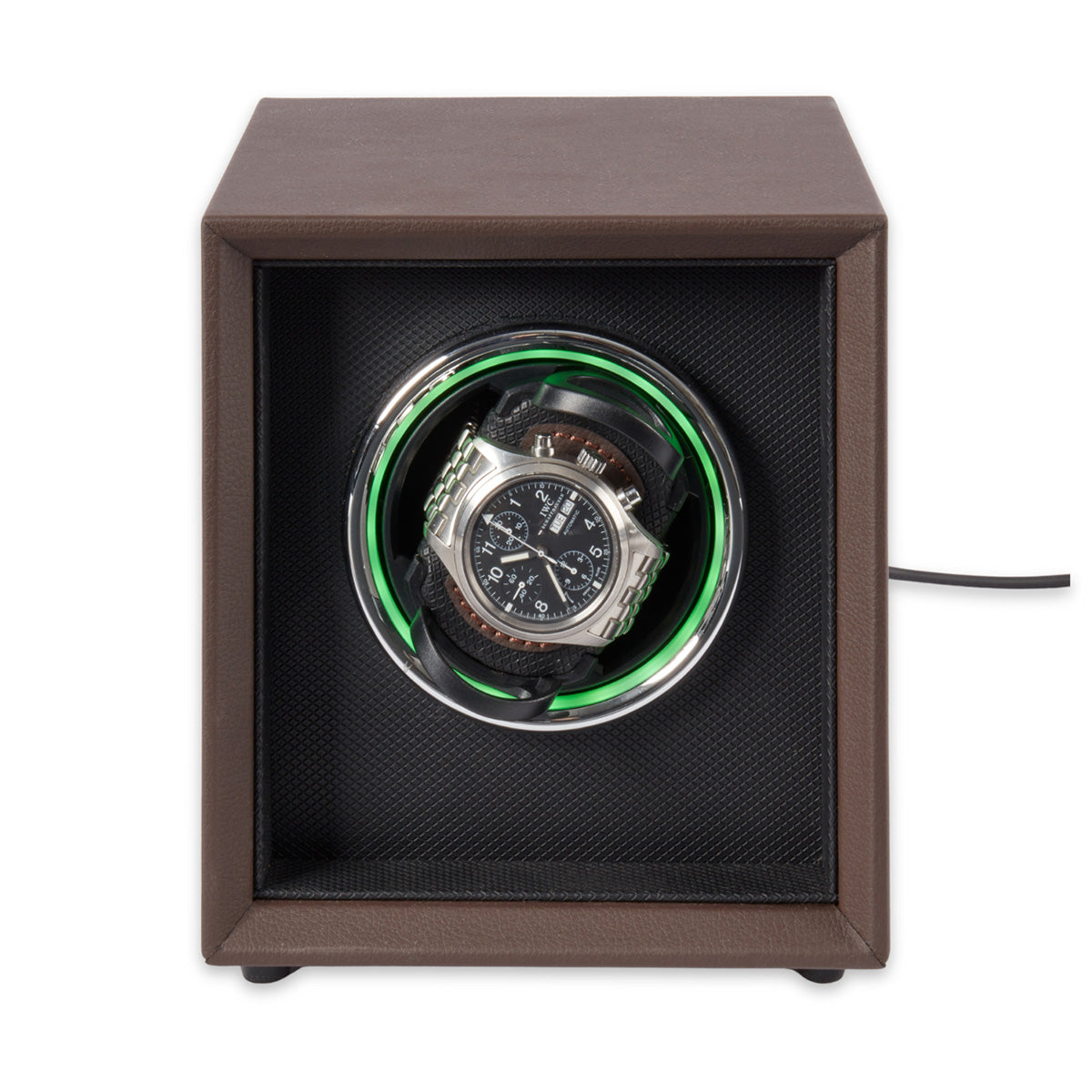 Single Brown Leather Watch Winder with Color Changing Light