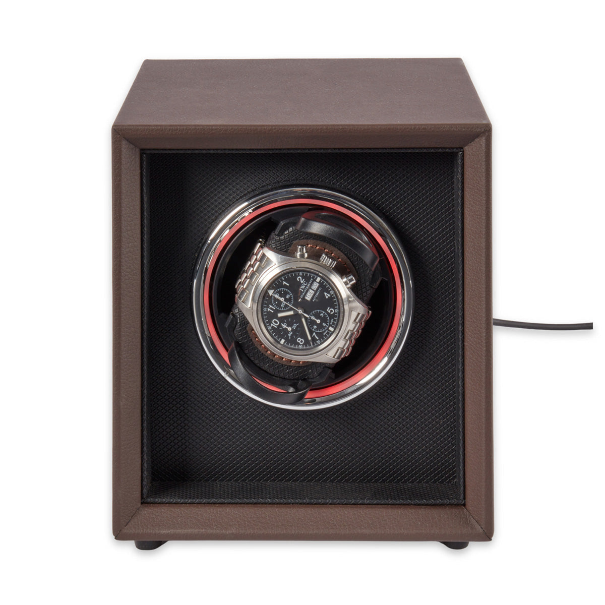 Single Brown Leather Watch Winder with Color Changing Light