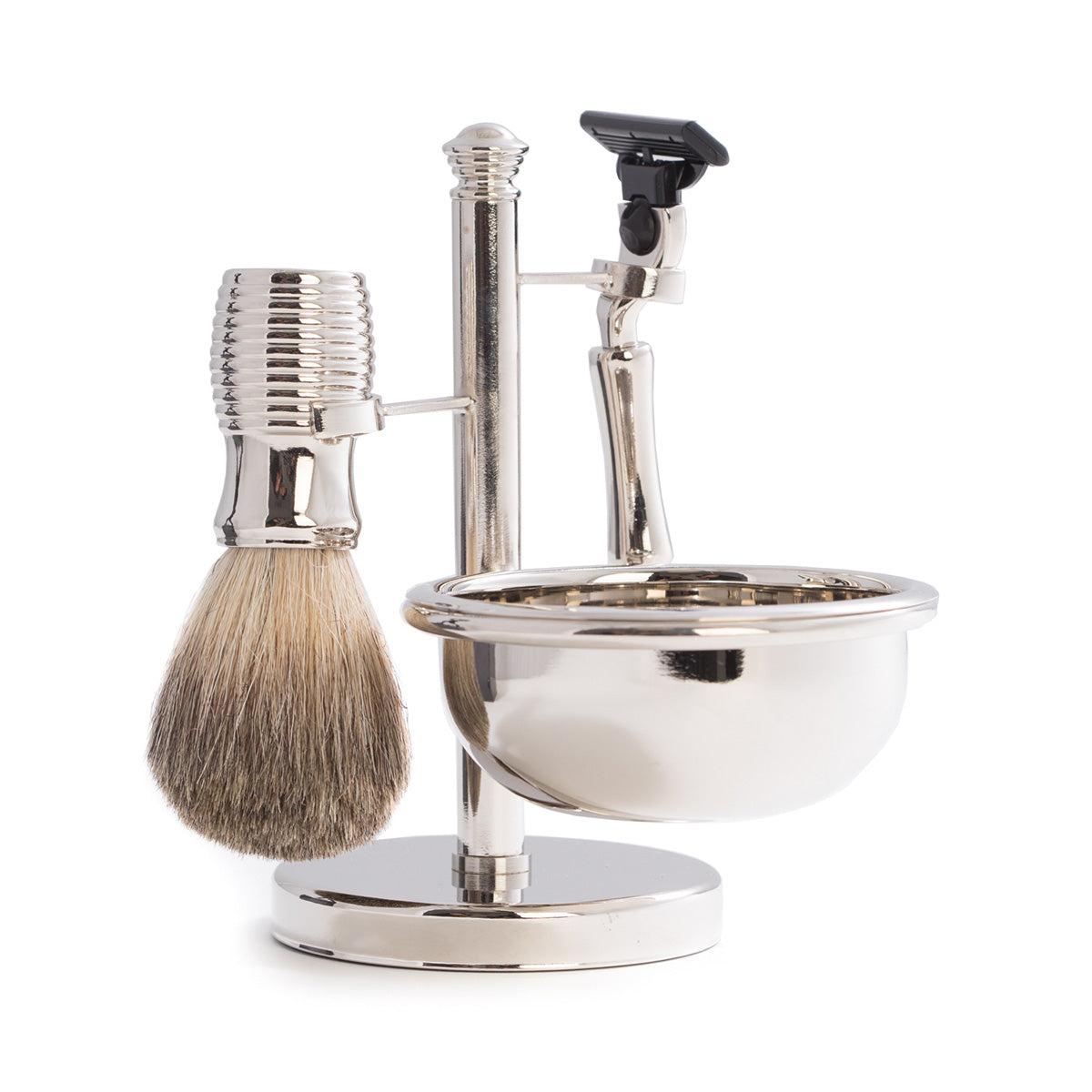 Razor and Pure Badger Brush with Soap Dish on Chrome Stand