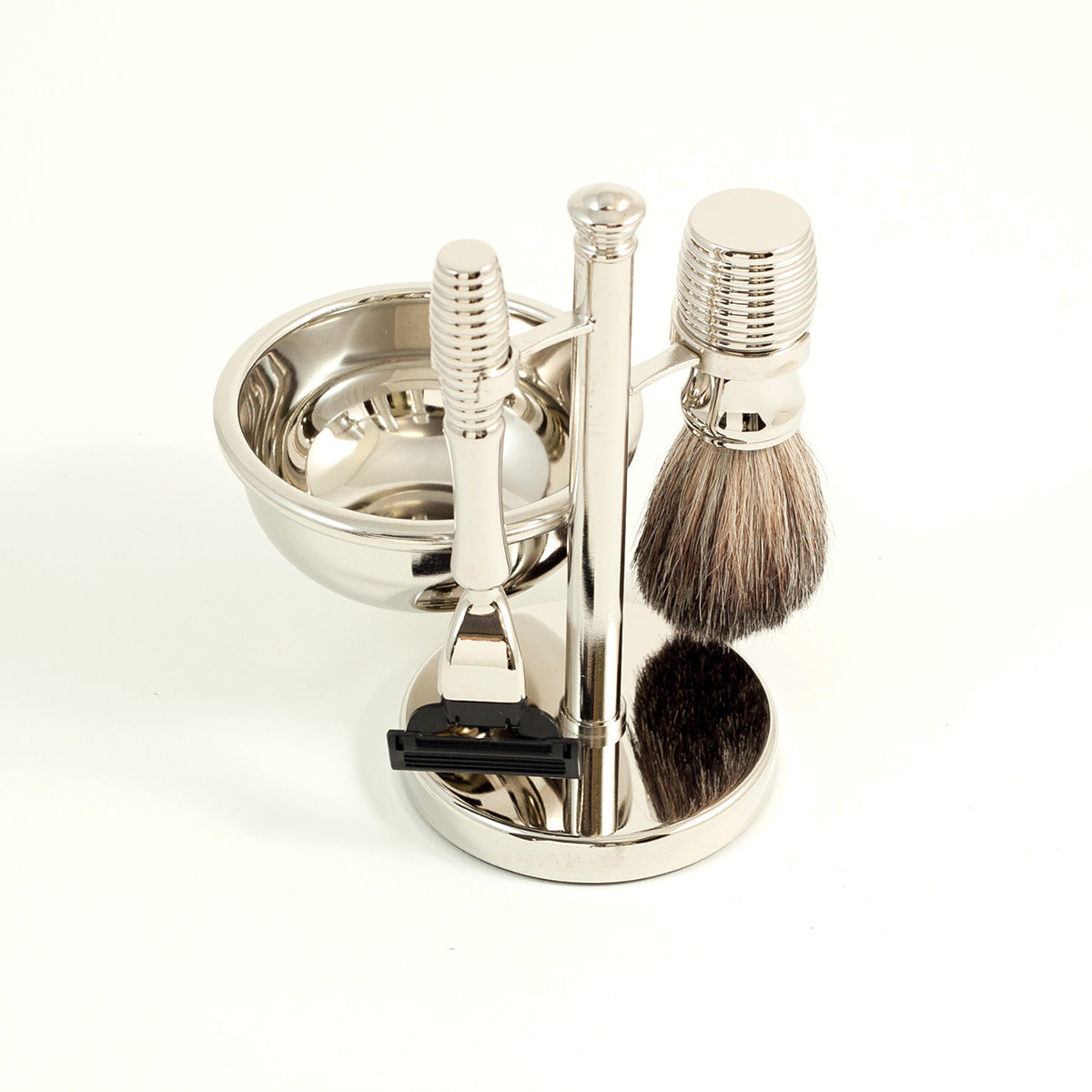 Razor and Pure Badger Brush with Soap Dish on Chrome Stand
