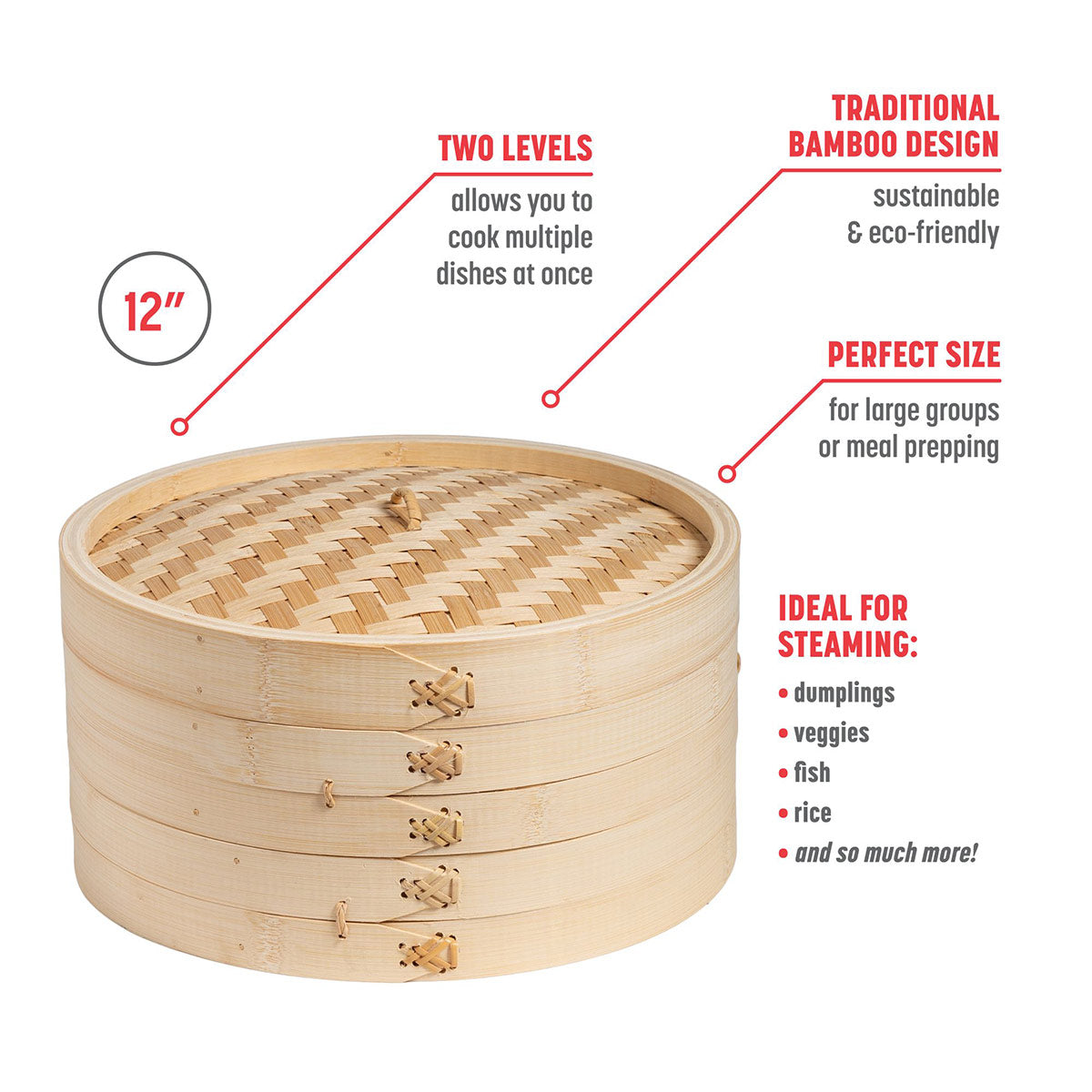 12'' 2-Tier Bamboo Steamer Baskets