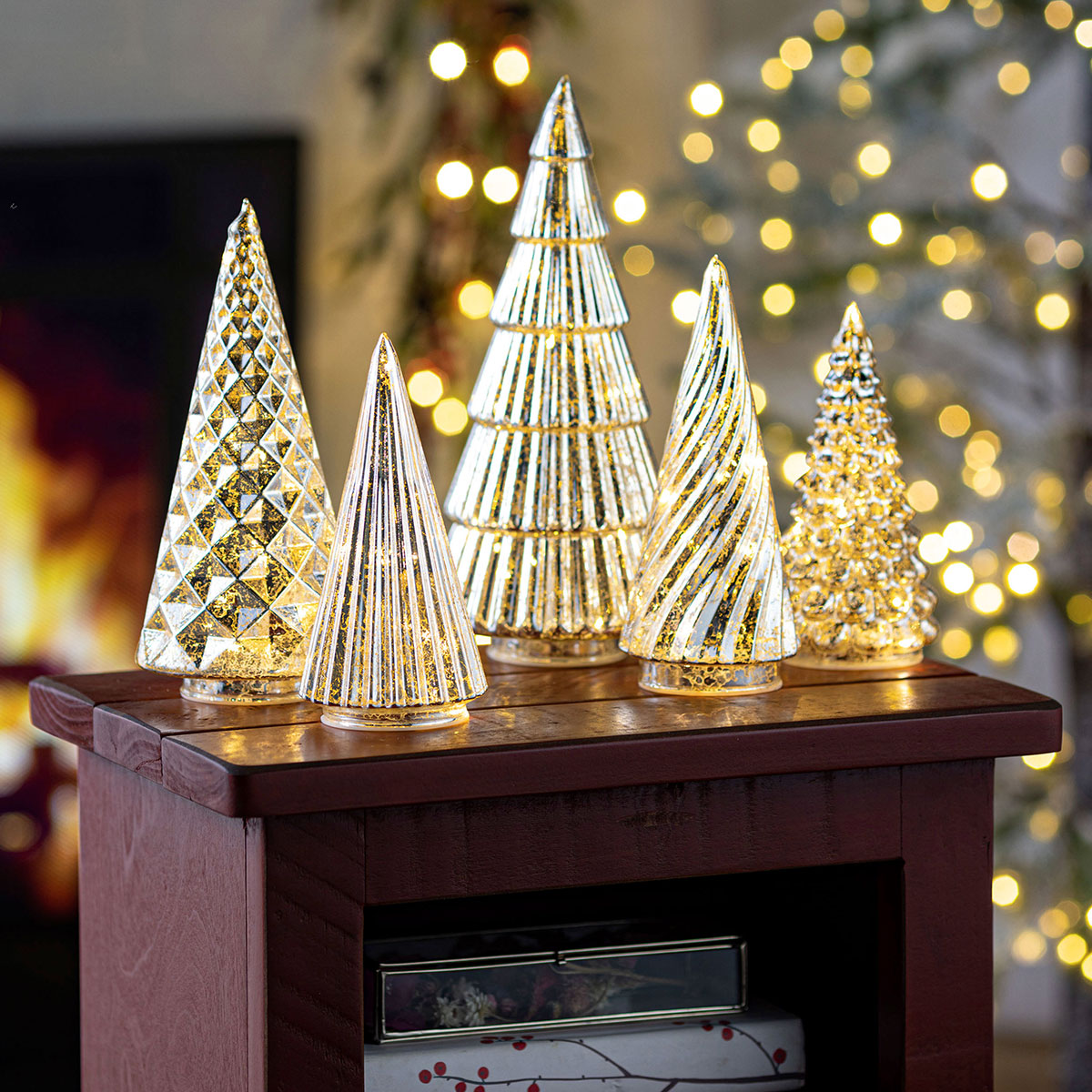 Gold Lighted Christmas Trees (Set of 5)