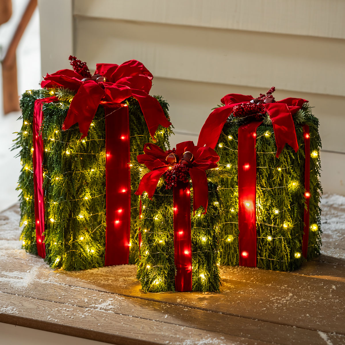 Lighted Artificial Greenery Gift boxes (Set of 3)