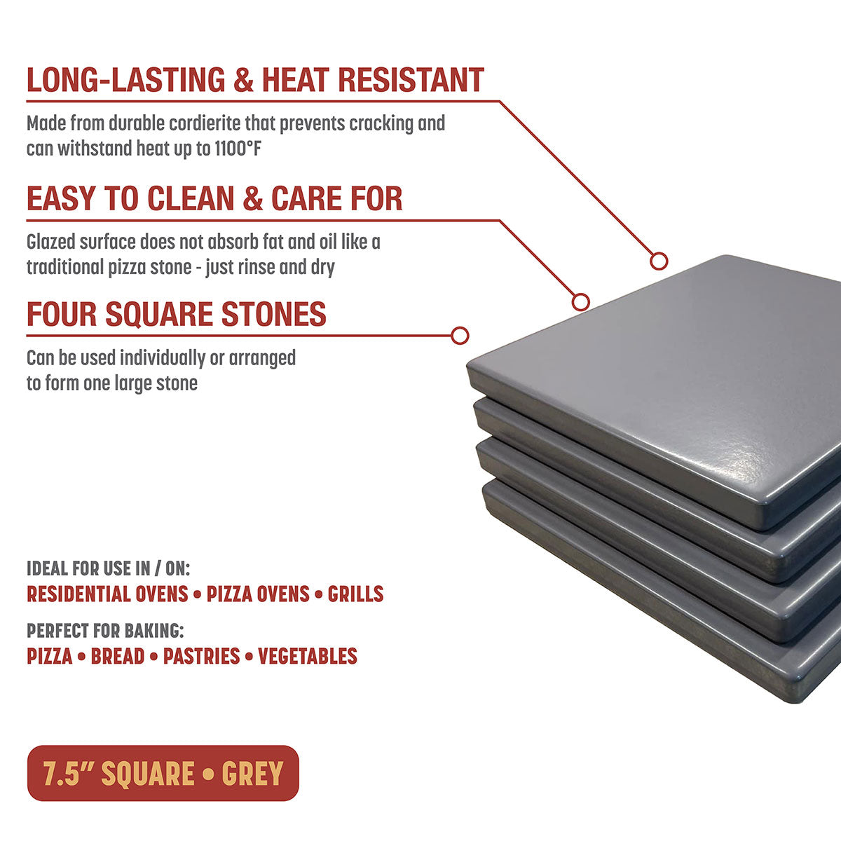Glazed Cordierite Square Pizza Stone 4 Piece Set
