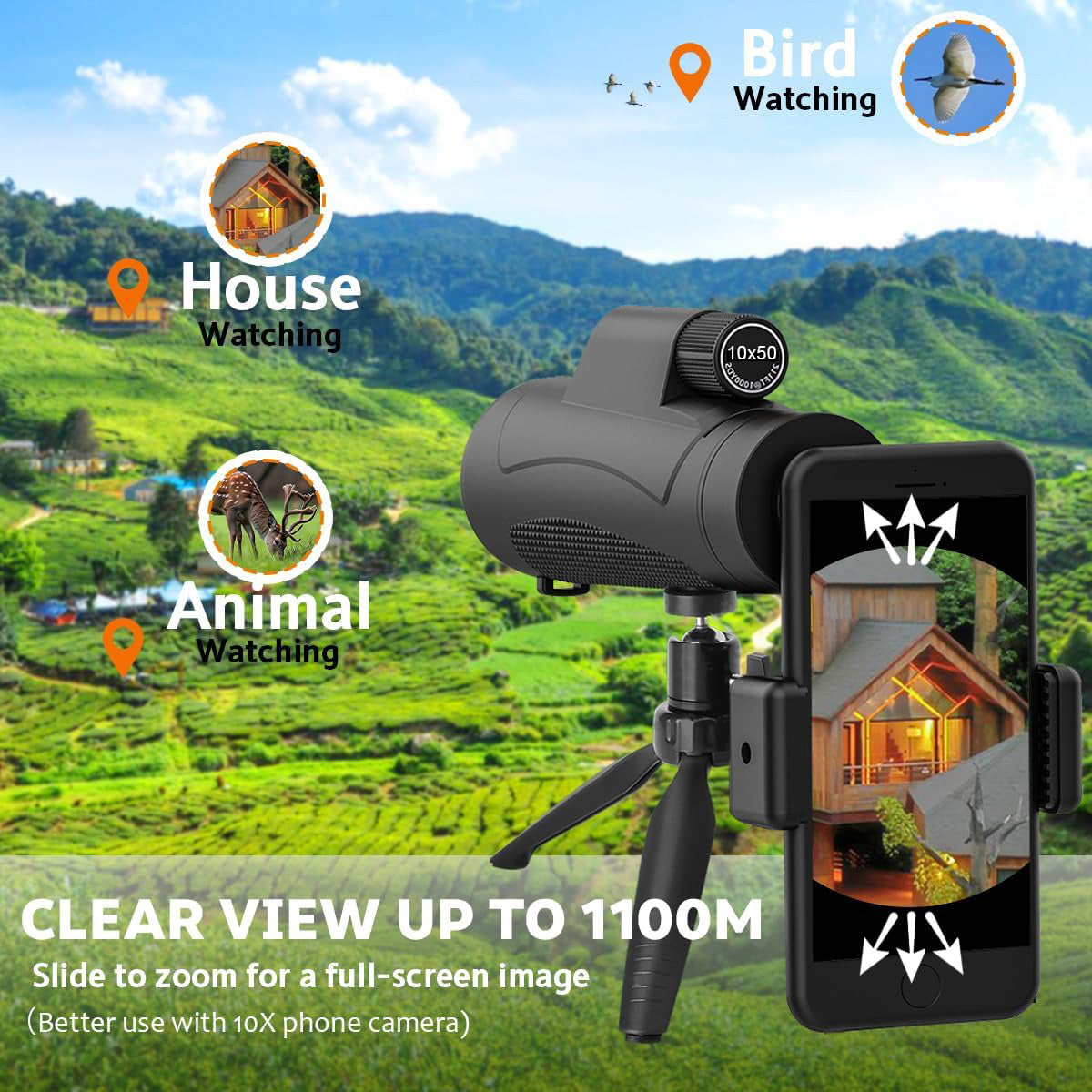Monocular Telescope with Smartphone Holder and Tripod