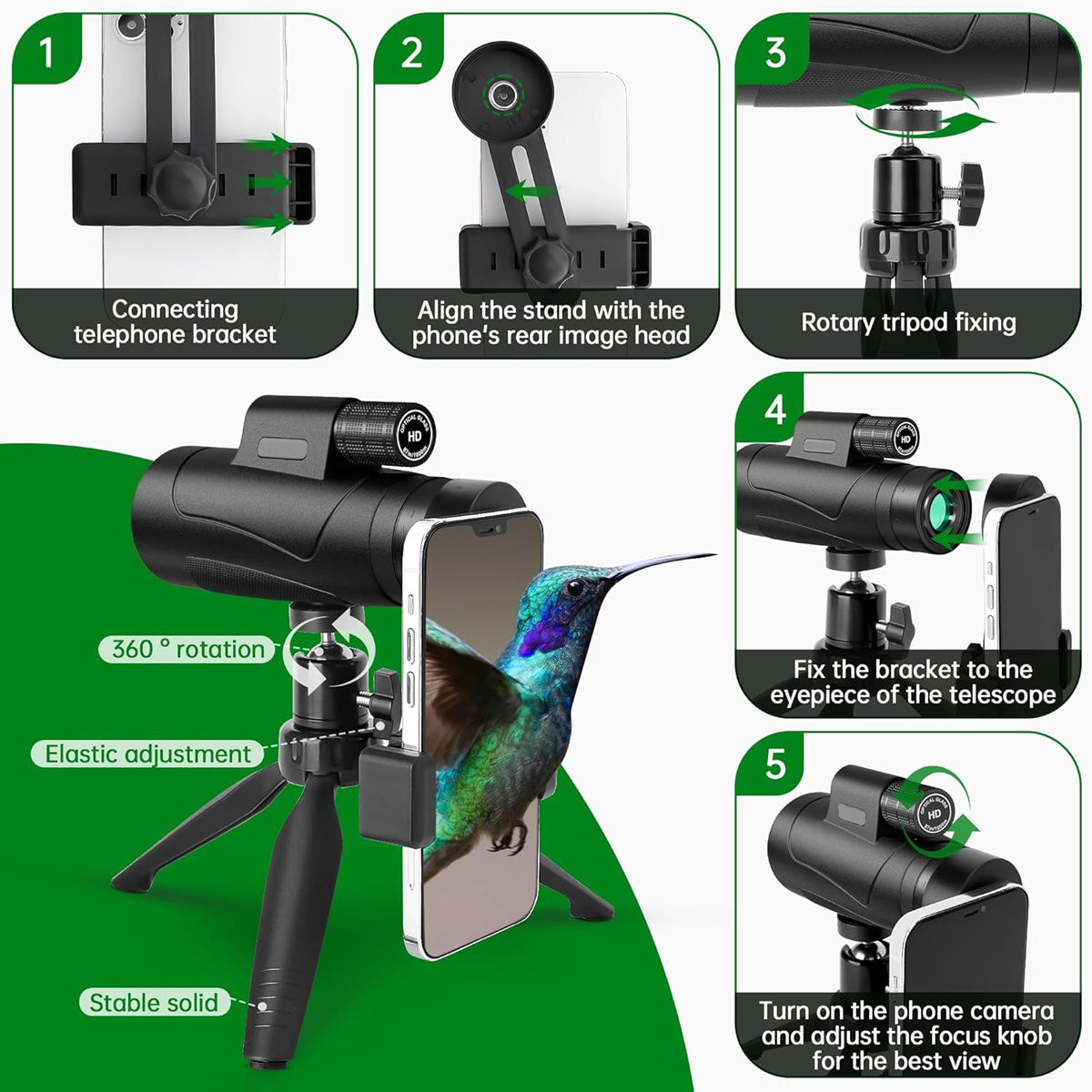 Monocular Telescope with Smartphone Holder and Tripod