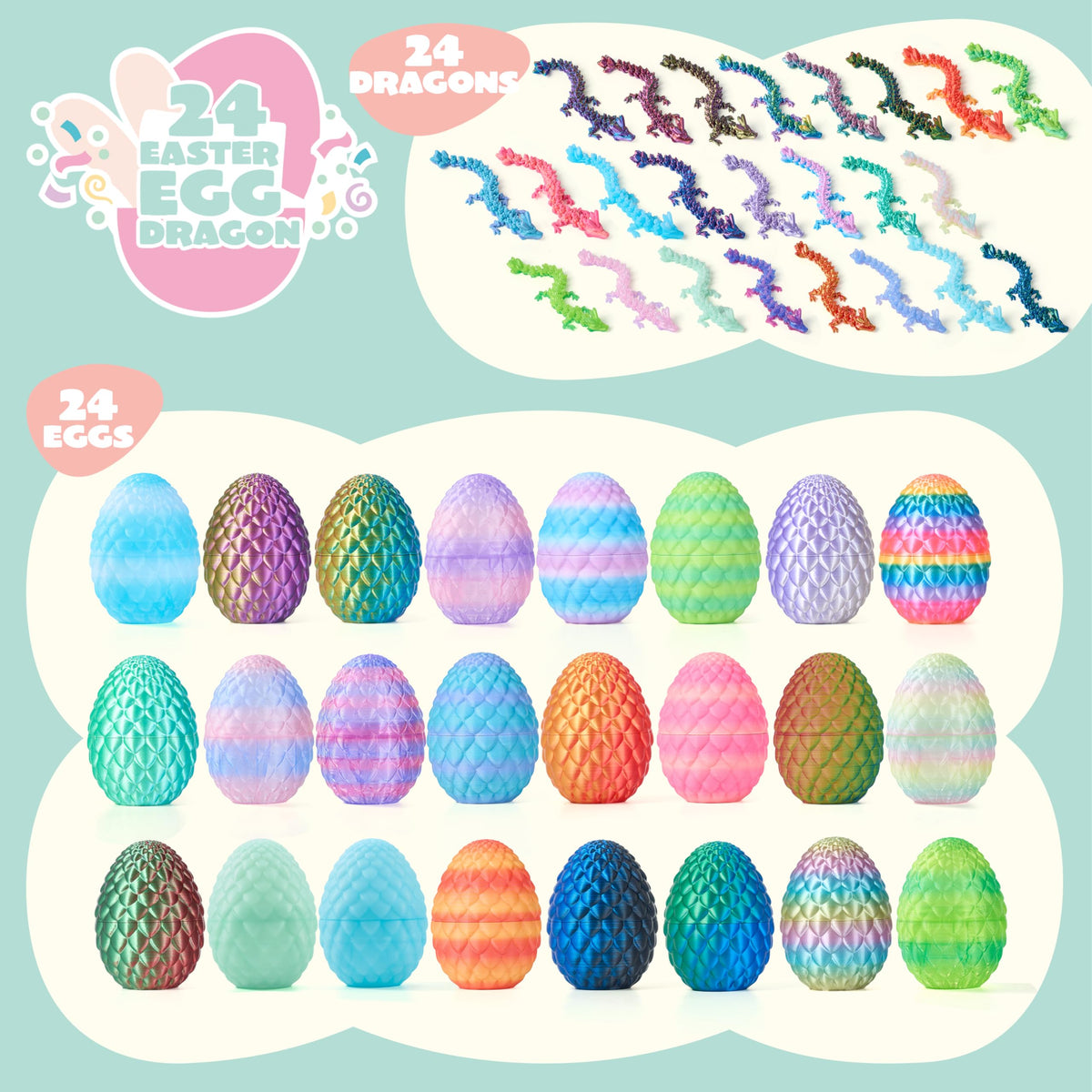 24 Pcs 3D Printed Dragon Eggs Articulated Toys for Easter Party, Egg Hunt & Classroom Prizes