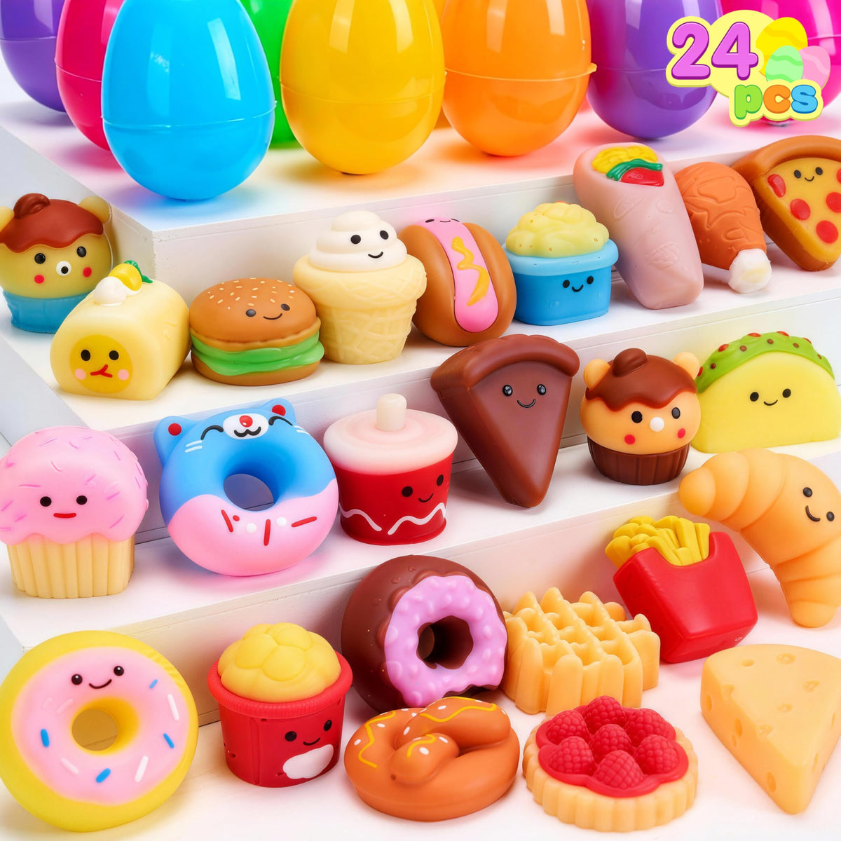 24Pcs Prefilled Easter Eggs with Fast Food & Dessert Mochi Squishy Toys for Egg Hunt, Party Favors & Basket Stuffers