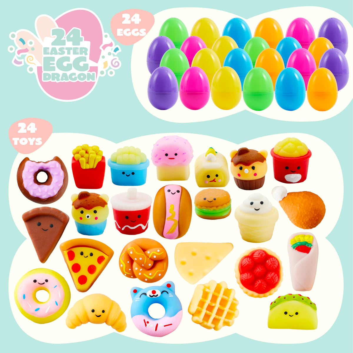 24Pcs Prefilled Easter Eggs with Fast Food & Dessert Mochi Squishy Toys for Egg Hunt, Party Favors & Basket Stuffers